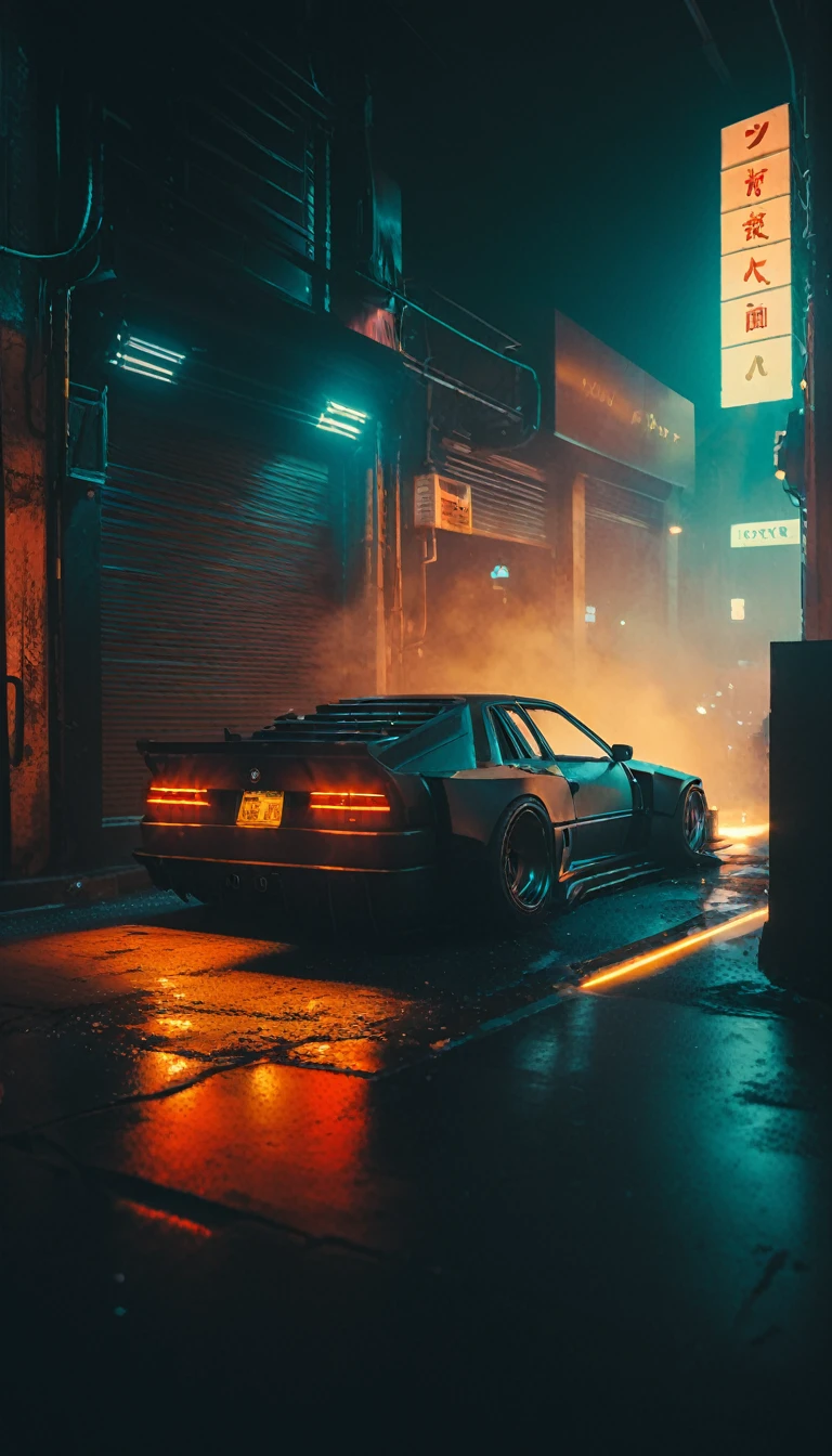 (intrincated details:1.5), (photorealistic), (masterpiece), (photography),  cinematic lighting, (hyperrealistic:1.2), 8K, 300mm
vehicle focus, cyberpunks car, cyberpunk alley, ground vehicle, motor vehicle, , scenery, solo, night time, wide tyres, autonomous vehicle,(car led lights), steam coming out of the exhausts, (lens flare, film noise, diffused glow.1.5), (reflections and shine:1.5), (diffraction and chromatic aberration:1.5), (without license plate), (extremely shiny car paint), (tires with a lot of negative camber), Drone Cars, simetric design
sparks floating, (dust and scratches film:1.2), (vintage color grading:1.3), dense environment, (old photo style)
 SK_ANALOGFILM 