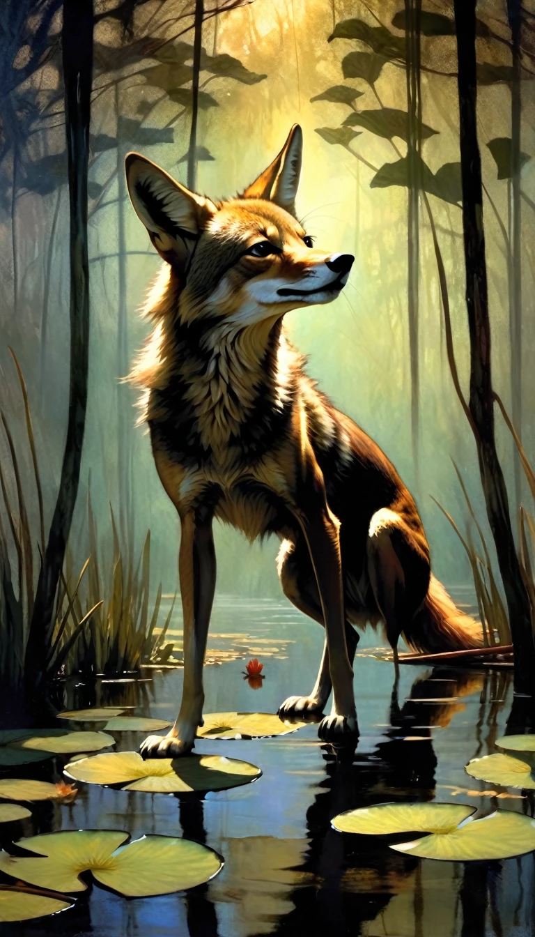 ((coyote howling in landscape) between shadows,in the water of a dark swamp with water lilies, oil painting, dramatic lighting, dramatic contrast, chiaroscuro, mysterious, moody, cinematic, Bill Sienkiewicz inspired, dark atmosphere, powerful composition, dramatic shadows, high quality, photorealistic, masterpiece (best quality,4k,8k,highres,masterpiece:1.2),ultra-detailed,(realistic,photorealistic,photo-realistic:1.37),intricate details,,sharp focus,professional,Dave McKean artwork, oil touch of surrealism,oil painting style,dreamlike atmosphere,shadow play,soft light,dark hues,ethereal background,texture,layered composition.