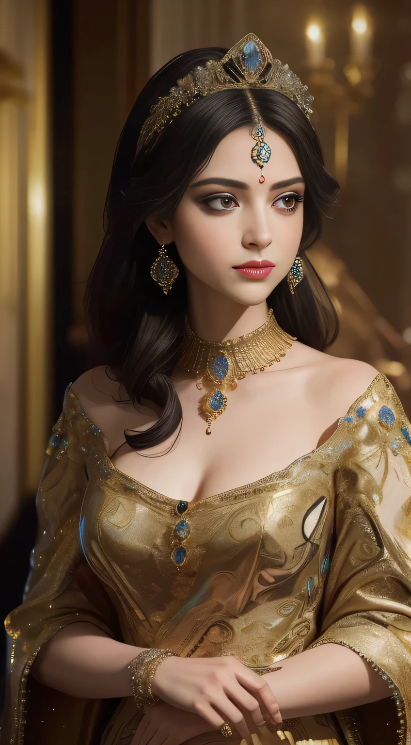 master piece,best image quality,Beautiful bust of a royal woman,Delicate black hairstyle,Amber eyes are clear,Decorated with dazzling intricate jewelry,super detail,upscale。