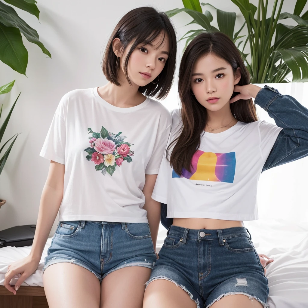 Generate 15 separate high-quality images of T-shirts for women, including plain white T-shirts, graphic tees with floral designs, striped T-shirts, cropped T-shirts, oversized T-shirts, and tie-dye T-shirts. Each image should display one T-shirt on a plain white background, without any human figures or mannequins. Each item should be isolated, floating, and centered in the image. Photorealistic, 4K resolution.