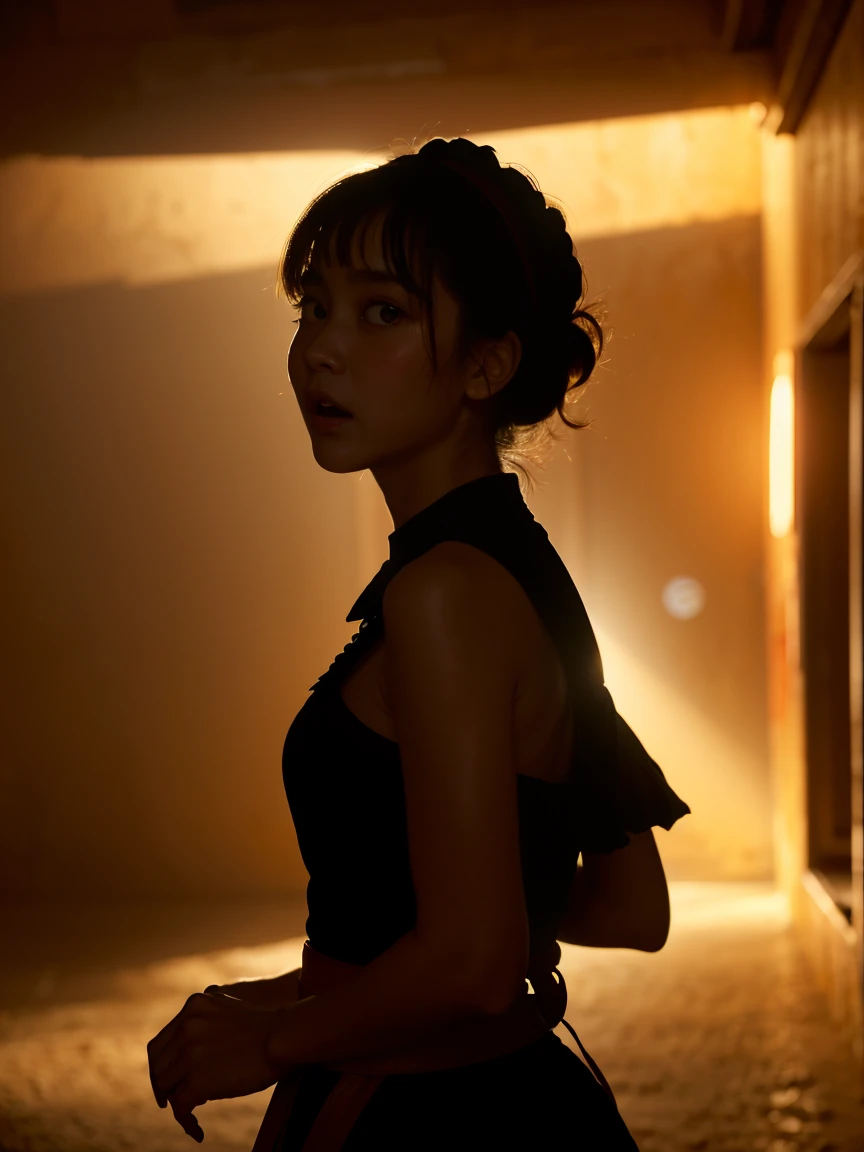 photo realistic, photo realistic, masterpiece, ultra high res, 8k, best quality, detailed shadow, amazing, sharp detail, sharp focus, (((Silhouette Lighting:1.5))), (((detailed and structured patterns))), 
BREAK
1girl, (((big round eyes:1.3))), (((tareme:1.1))), (((afraid:1.2))), (((open mouth:1.2))), (looking up), (looking away), (random hairstyle), ((random face)), (((childlike face:1.2))), (bangs), (((very cute maid outfit:1.1))), (((Inside a dark Western-style building:1.2))), (((indoor))),