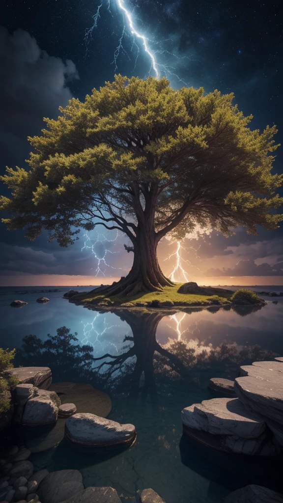 Celestial Tree, big tree, paisaje, panorama, Sky Heaven, naturey, palmtrees, Cedars, forst, Rivers of water, Thunder Light, Detailed Realistic FullHD Fotorrealism, Majestic, comely, fire, villany, Thunders, Sky Thunders, Stars, photorrealistic 6K, UltraHD Detailed, detailed colors 8K, Elegant beauty, floor, stele, lightning strikes, heavens, Divine Sky, tempest, Towards the heavens, heavenly, Godlike, photorrealistic, Rendering, 4K, 8K, detailed textures, detailed shadows, padoru, detailed colors, Gods Sky, UltraHD 16K Details, 16K photorealistic textures, detailed sharpness 16K, detailed sharpness, detailed colors, realistic shadows, Ultra realistic textures, High Power, Natural Beauty, natural colors, realistic contrast, Texturas photorrealistics, detailed colors, lifelike colors, detailed shadows, luminous face, villany, Detailed face 4k, ultra detaild, contraste realista de 8K, detailed sharpness, cores Ultra HD, chic,