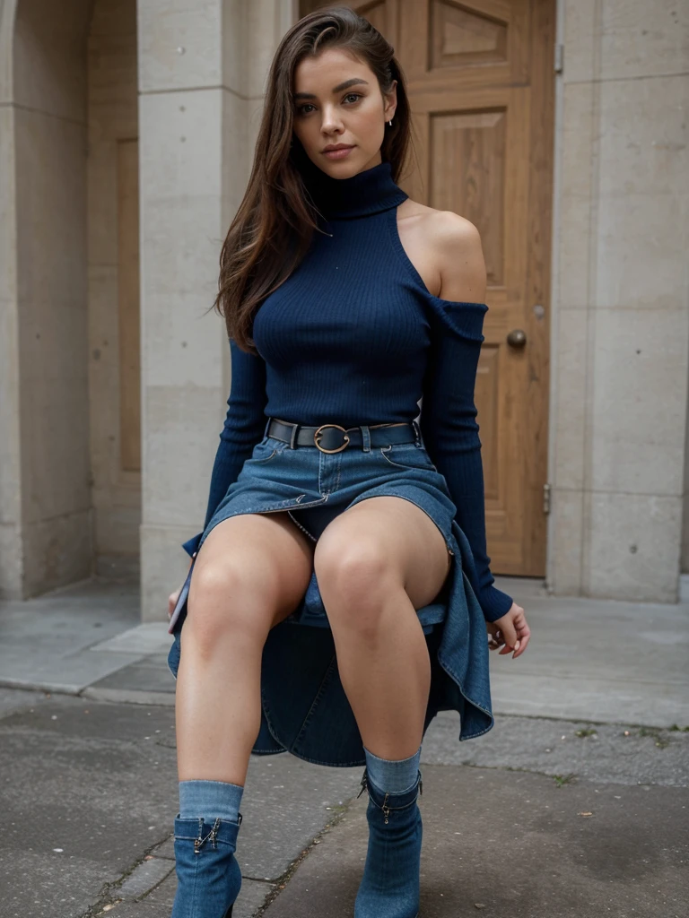 (((sitting))), (((legs open))), (((((completamente desnuda))))), (full shot),(small breasts), The upper part of the outfit features a structured, futuristic jacket. It has a high collar and exaggerated, angular shoulder pads, giving it a bold and commanding presence. The jacket is a blend of denim and fabric, with distinct seams and panels that create a layered effect. The sleeves are ribbed and extend to the wrists, adding to the structured look. Beneath the jacket, there is a blue turtleneck top, providing a smooth contrast to the textured outer layer. A belt cinches the waist, accentuating the model's figure. The belt is thin, with a small dangling detail that adds a subtle touch of elegance. The skirt portion of the outfit is voluminous and layered. It has multiple tiers, each with different shades of blue, creating a cascading effect. The skirt's fabric appears to be a mix of heavy denim and lighter materials, giving it both structure and flow. The bottom hem of the skirt is cuffed, which adds a casual yet tailored touch to the overall design. The model is wearing white, high-heeled boots. These boots are sleek and form-fitting, contrasting sharply with the blue tones of the outfit and adding a modern edge to the ensemble., totalmente desnuda, sentada piernas abietas