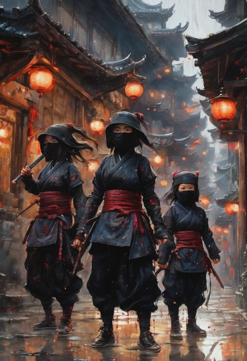 Highly detailed painting realistically creates a group of cute little ninja women vs samurai women,
in a long black ninja suit a la Jean-Baptiste Monge, big chested, torn clothes, blood splattered, shiny,
cute and adorable, filigree, lights, delicate, magic, surreal, fantasy,
digital art, watercolor, trending on art station, sharp focus, studio photo,
intricate detail, highly detailed, by Greg Rutkowski, 32k, "3D BANG ROMA" logo.