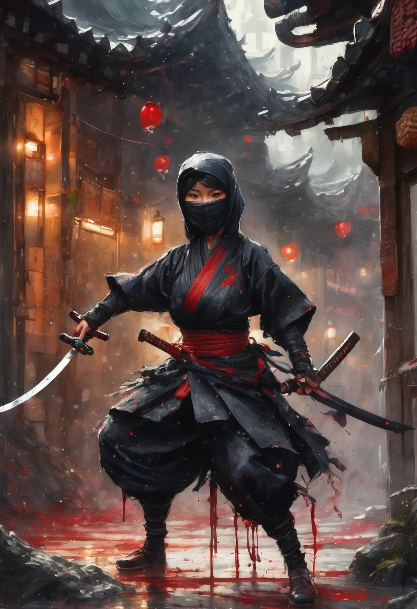 Highly detailed painting realistically creates a group of cute little ninja women vs samurai women,
in a long black ninja suit a la Jean-Baptiste Monge, big chested, torn clothes, blood splattered, shiny,
cute and adorable, filigree, lights, delicate, magic, surreal, fantasy,
digital art, watercolor, trending on art station, sharp focus, studio photo,
intricate detail, highly detailed, by Greg Rutkowski, 32k, "3D BANG ROMA" logo.