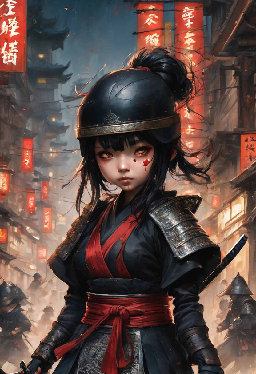 Highly detailed painting realistically creates a group of cute little ninja women vs samurai women,
in a long black ninja suit a la Jean-Baptiste Monge, big chested, torn clothes, blood splattered, shiny,
cute and adorable, filigree, lights, delicate, magic, surreal, fantasy,
digital art, watercolor, trending on art station, sharp focus, studio photo,
intricate detail, highly detailed, by Greg Rutkowski, 32k, "3D BANG ROMA" logo.