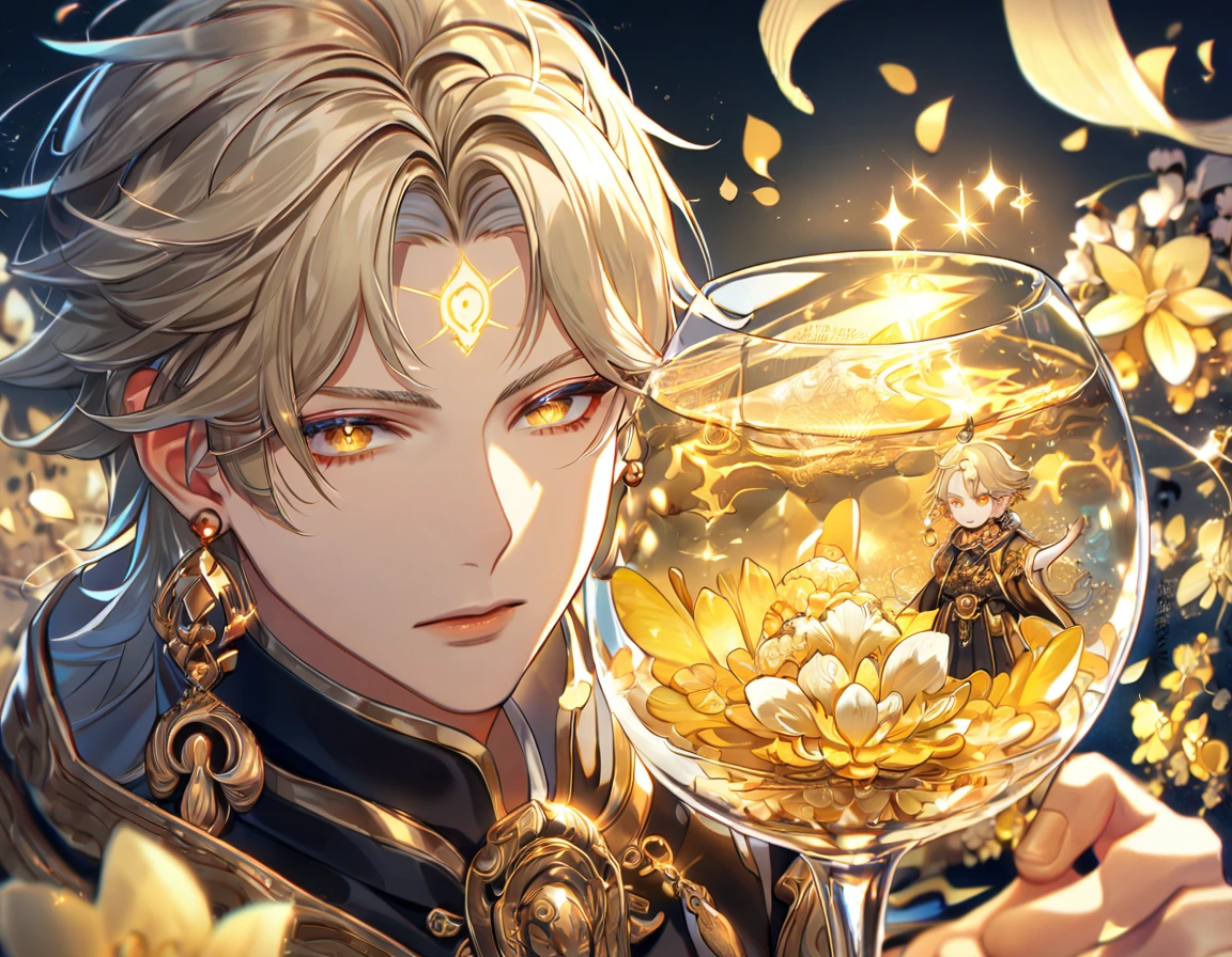 absurdres, highres, ultra detailed, HDR, master piece, best quality, extremely detailed, Susanoo, ash-blond hair, expressive golden eyes, earrings, golden mark on his forehead, Onmyoji, solo, sexy man, handsome, black tunic, magical, fantasy, glittering, sparkling, glass, yellow flowers, yellow petals, water