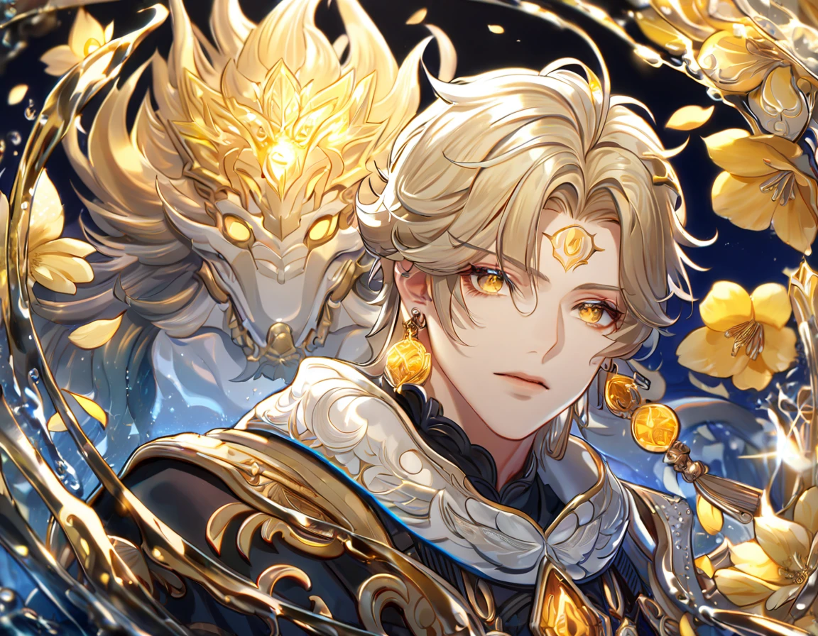 absurdres, highres, ultra detailed, HDR, master piece, best quality, extremely detailed, Susanoo, ash-blond hair, expressive golden eyes, earrings, golden mark on his forehead, Onmyoji, solo, sexy man, handsome, black tunic, magical, fantasy, glittering, sparkling, glass, yellow flowers, yellow petals, water
