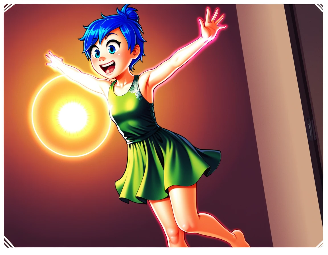 j_o_y, 1 girl, blue hair, green dress, glowing, closed mouth, armas down, surprised, masterpiece, best qualit