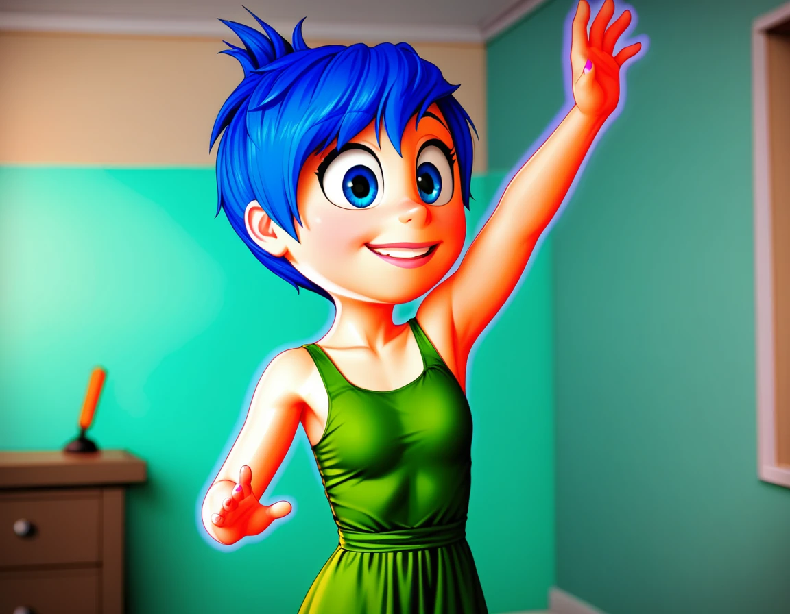 j_o_y, 1 girl, blue hair, green dress, glowing, closed mouth, armas down, surprised, masterpiece, best qualit