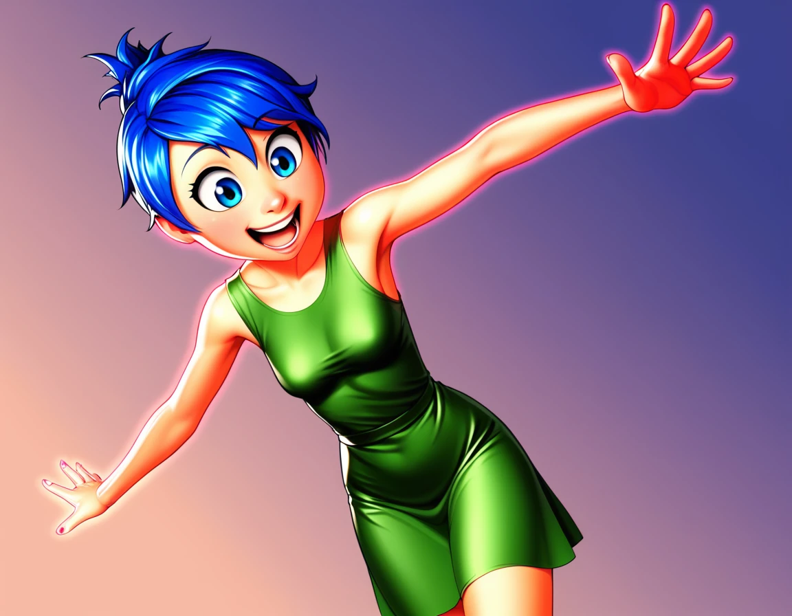 j_o_y, 1 girl, blue hair, green dress, glowing, closed mouth, armas down, surprised, masterpiece, best qualit