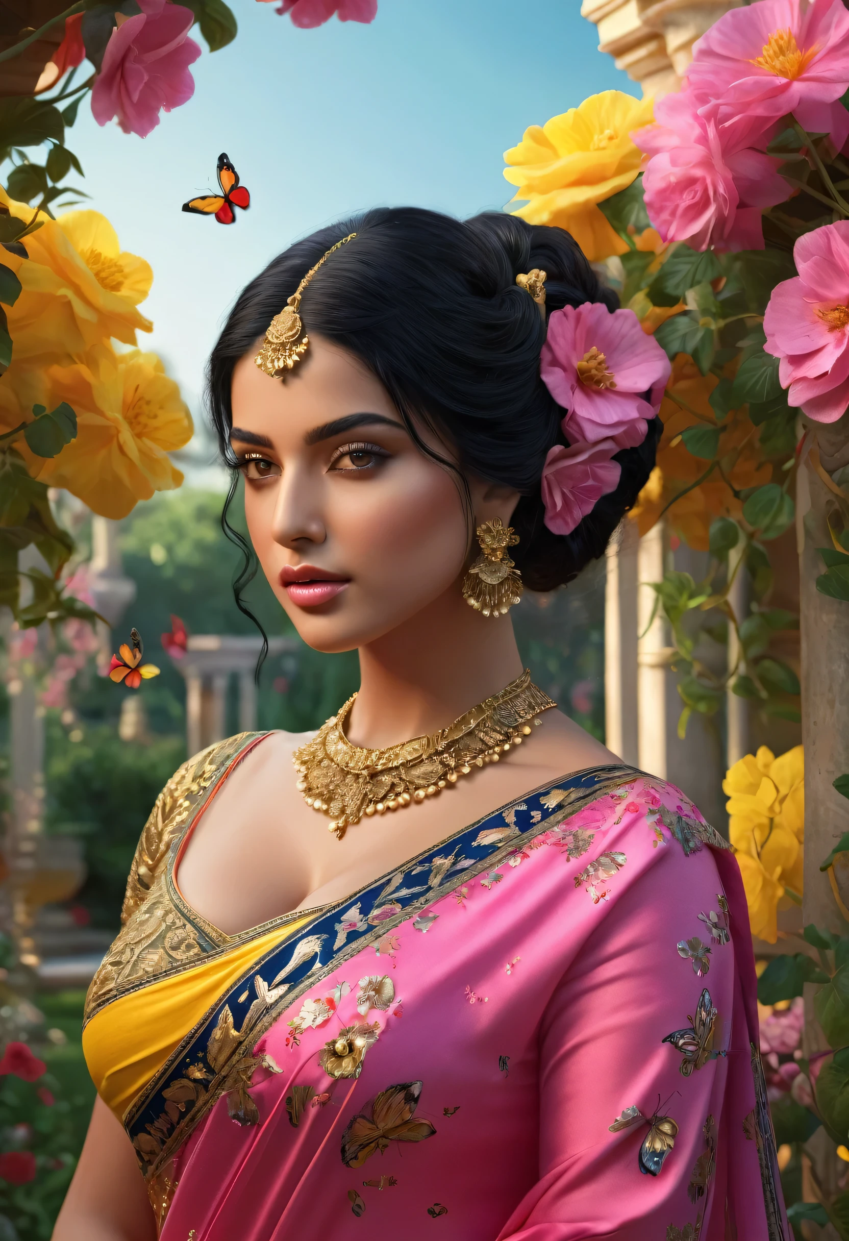 a middle east woman with black hair, beautiful detailed eyes, beautiful detailed lips, extremely detailed face, butterflies in her hair, wearing a pink saree dress with gold details, standing in a garden full of yellow, red, blue, pink flowers, ((large breasts)), (best quality,4k,8k,highres,masterpiece:1.2),ultra-detailed,(realistic,photorealistic,photo-realistic:1.37),intricate,ornate,highly detailed,hyper realistic,vivid colors,dramatic lighting,cinematic,ethereal,fantasy,elegant,beautiful,serene