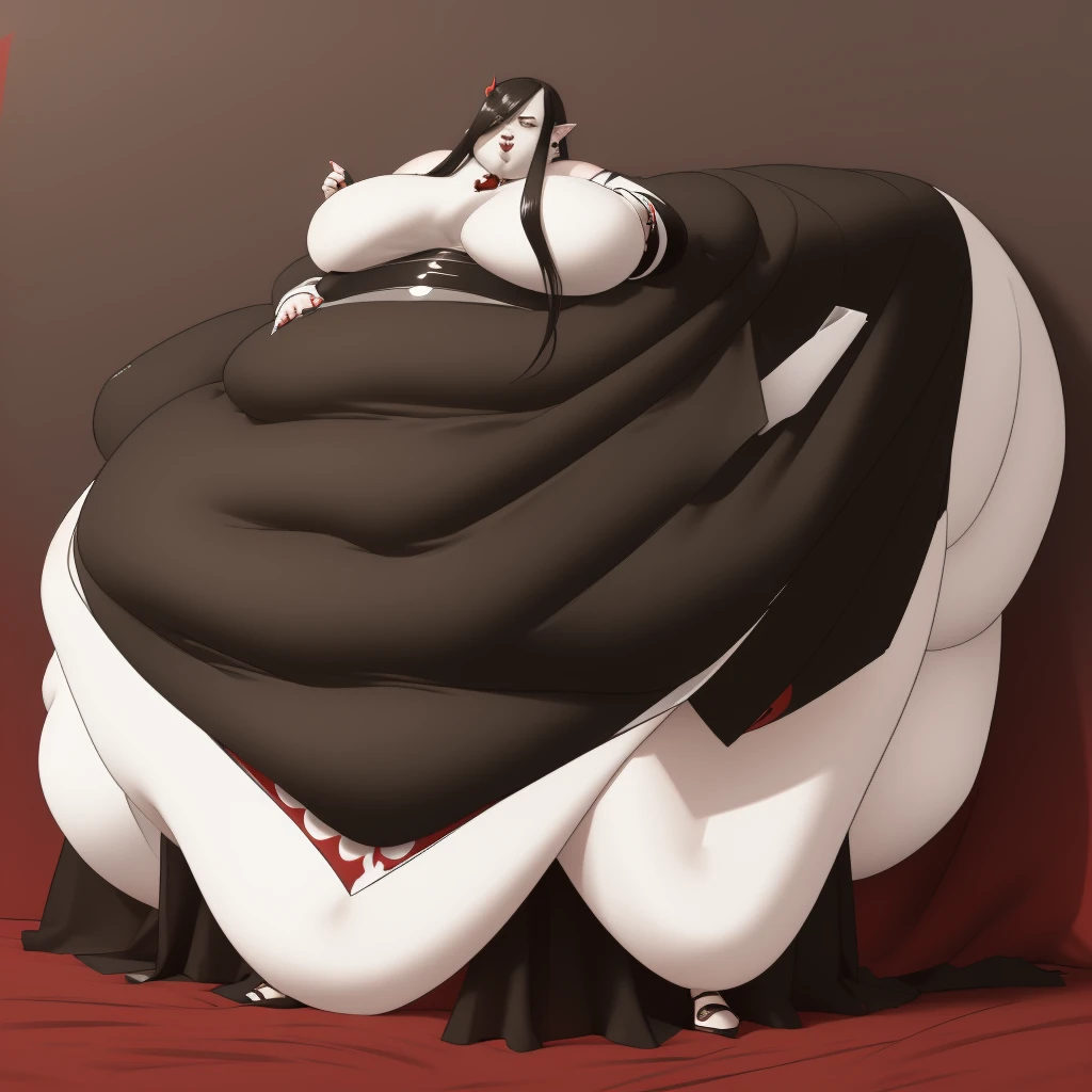 mature_female, vampire, pale_skin, ((extremely_obese)), round_face, black_hair, long_hair, curly_hair, lipstick, pointy_ears, red_eyes, fangs, bare_shoulders, ((exaggerated_giant_breasts)), full_body, gothic_horror, fantasy_art