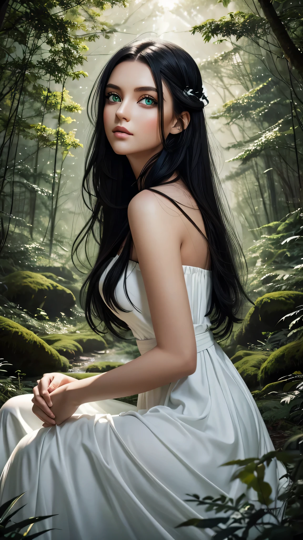 Beautiful girl with green eyes and long black hair wearing white dress in a beautiful forest photo shoot