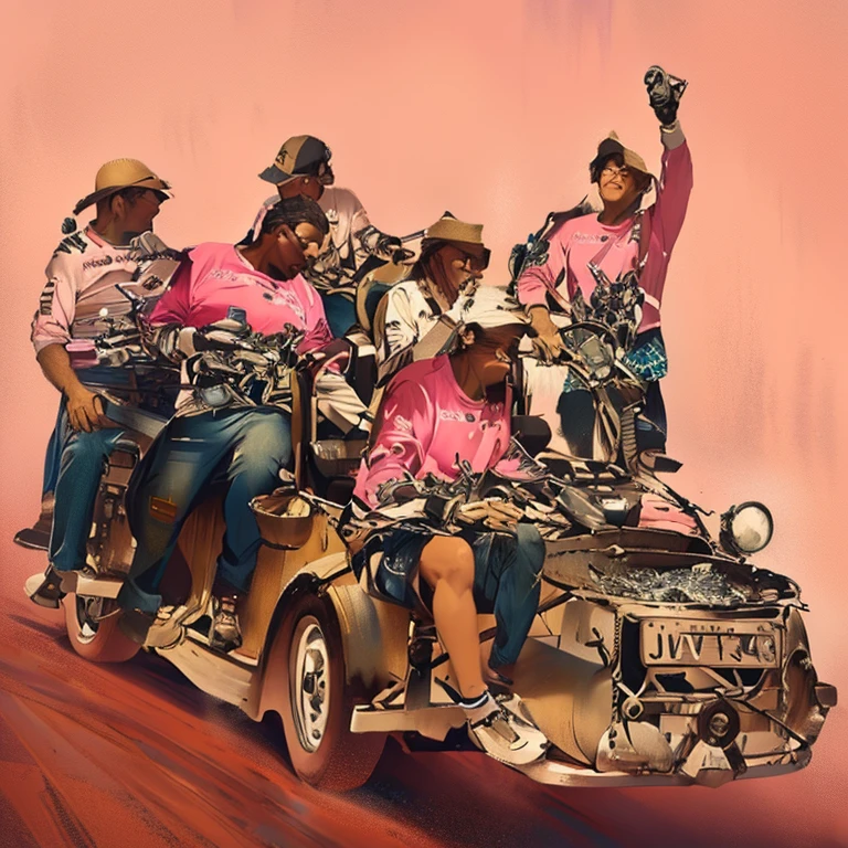 Six people riding in a pink Beetle with a plow disc on the front,