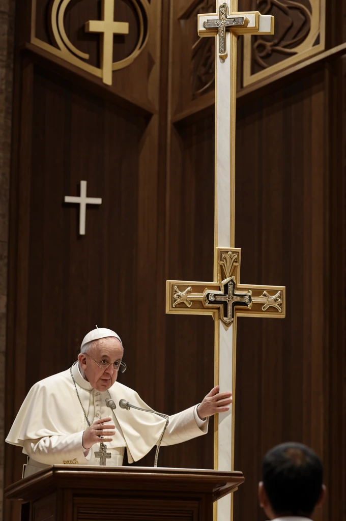 Pope Francis in an evangelical church with a cross that is written Francisco Romero