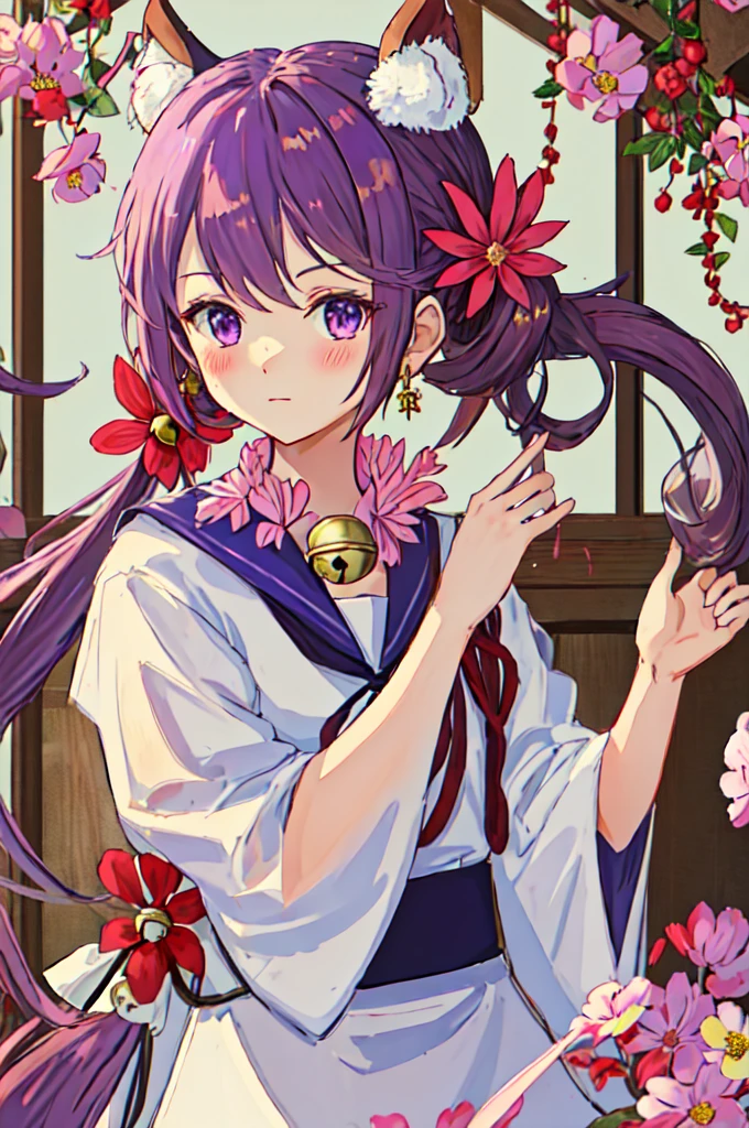 Highest quality, masterpiece, High resolution, alone, {White kimono:1.35}, {Red too:1.35}, {Wide sleeves:1.20}, {Akebono_Fleet Collection:1.15}, purple_hair, length_hair, hair_ornament, ~ side_ponytail, purple_eye, flower, hair_flower, hair_Bell, Bell, Jingle_Bell, Seraphim, blush, very_length_hair, Sailor suit