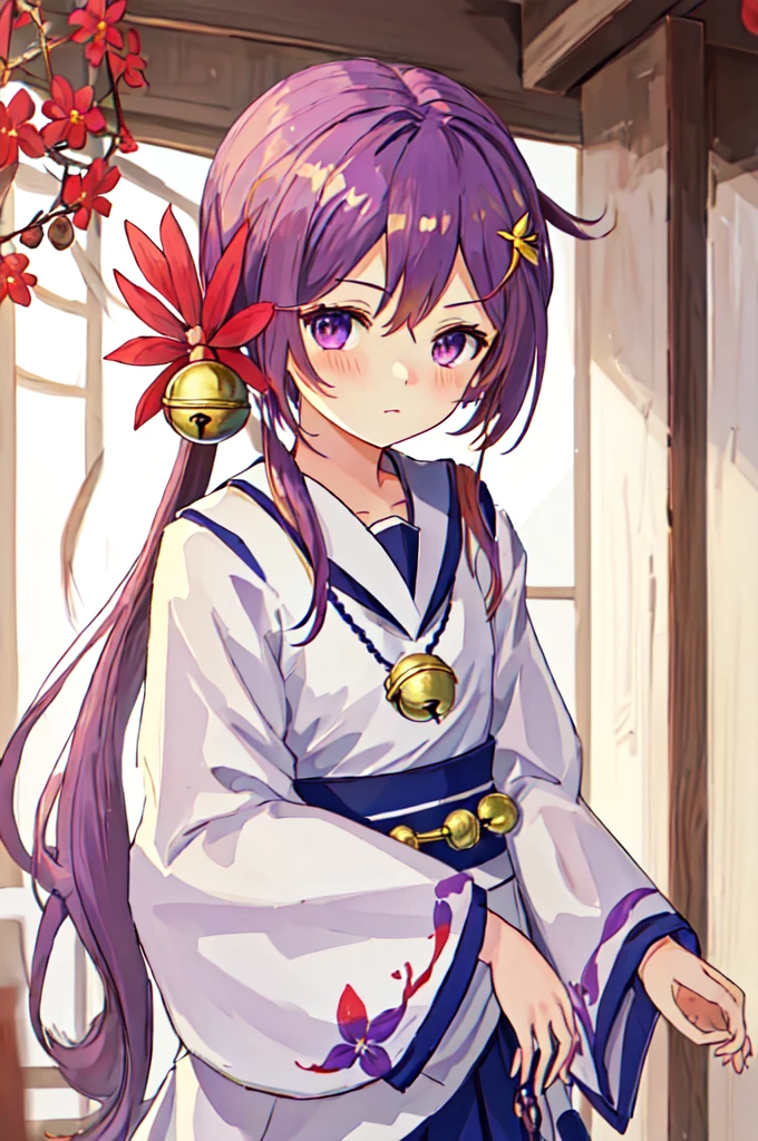 Highest quality, masterpiece, High resolution, alone, {White kimono:1.35}, {Red too:1.35}, {Wide sleeves:1.20}, {Akebono_Fleet Collection:1.15}, purple_hair, length_hair, hair_ornament, ~ side_ponytail, purple_eye, flower, hair_flower, hair_Bell, Bell, Jingle_Bell, Seraphim, blush, very_length_hair, Sailor suit