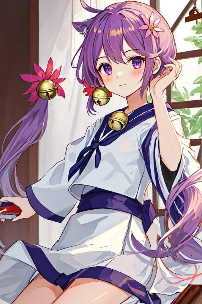 Highest quality, masterpiece, High resolution, alone, {White kimono:1.35}, {Red too:1.35}, {Wide sleeves:1.20}, {Akebono_Fleet Collection:1.15}, purple_hair, length_hair, hair_ornament, ~ side_ponytail, purple_eye, flower, hair_flower, hair_Bell, Bell, Jingle_Bell, Seraphim, blush, very_length_hair, Sailor suit