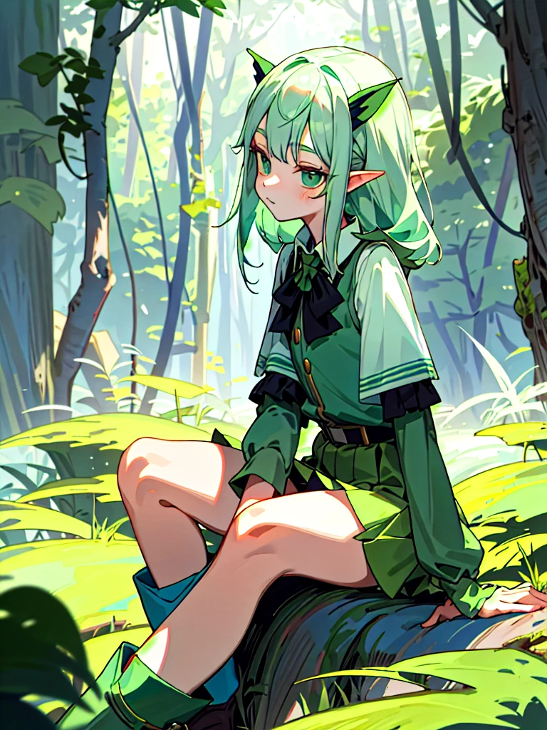 Western Phantom Elves(female pervert)，One guy，Beth，Sitting，Green boots，green-shirt，Green and white want to add a short skirt，No underskirt，Delicate facial features，eighteen years old，Green forest in background