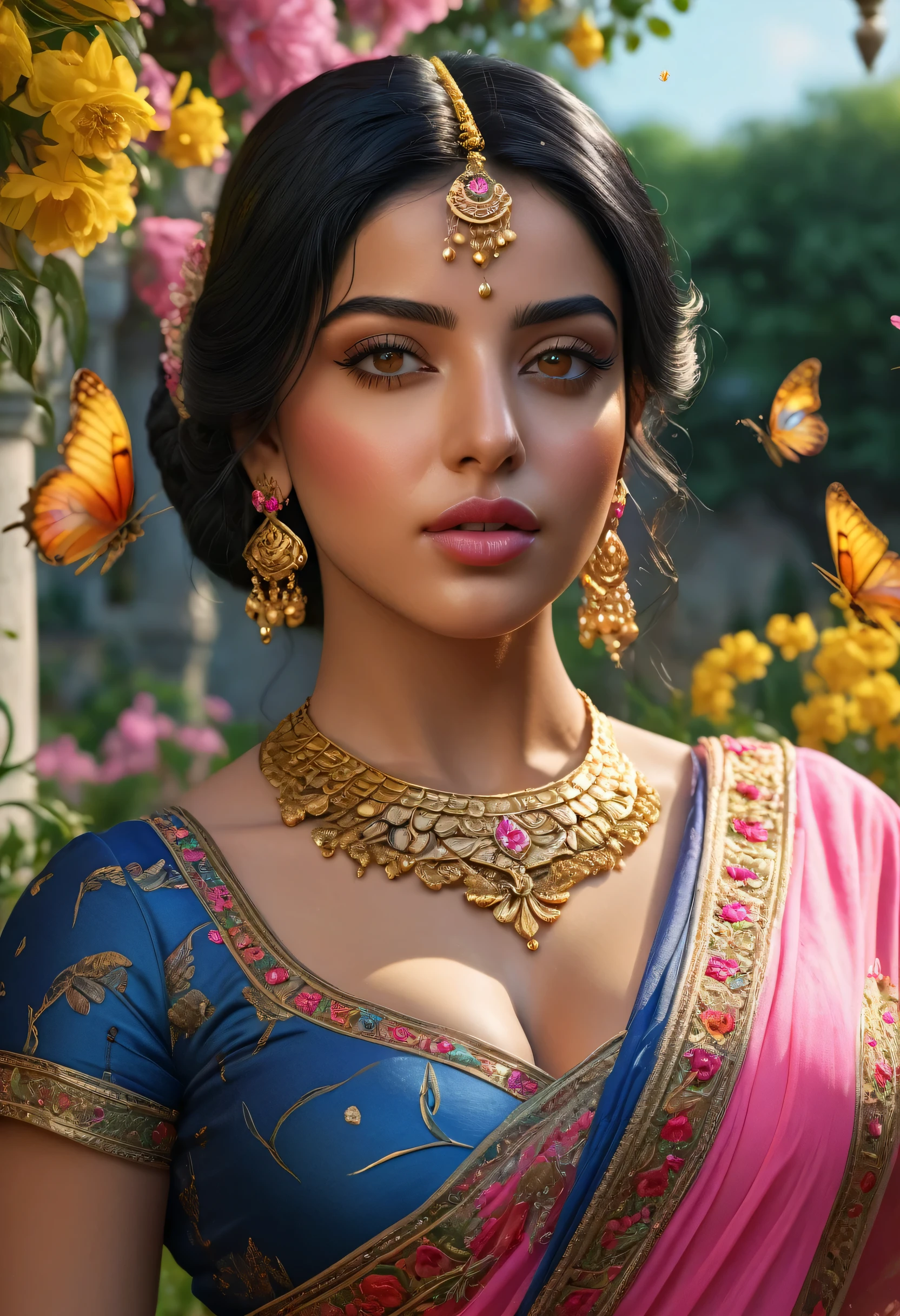 a middle east woman with black hair, beautiful detailed eyes, beautiful detailed lips, extremely detailed face, butterflies in her hair, wearing a pink saree dress with gold details, standing in a garden full of yellow, red, blue, pink flowers, ((large breasts)), (best quality,4k,8k,highres,masterpiece:1.2),ultra-detailed,(realistic,photorealistic,photo-realistic:1.37),intricate,ornate,highly detailed,hyper realistic,vivid colors,dramatic lighting,cinematic,ethereal,fantasy,elegant,beautiful,serene