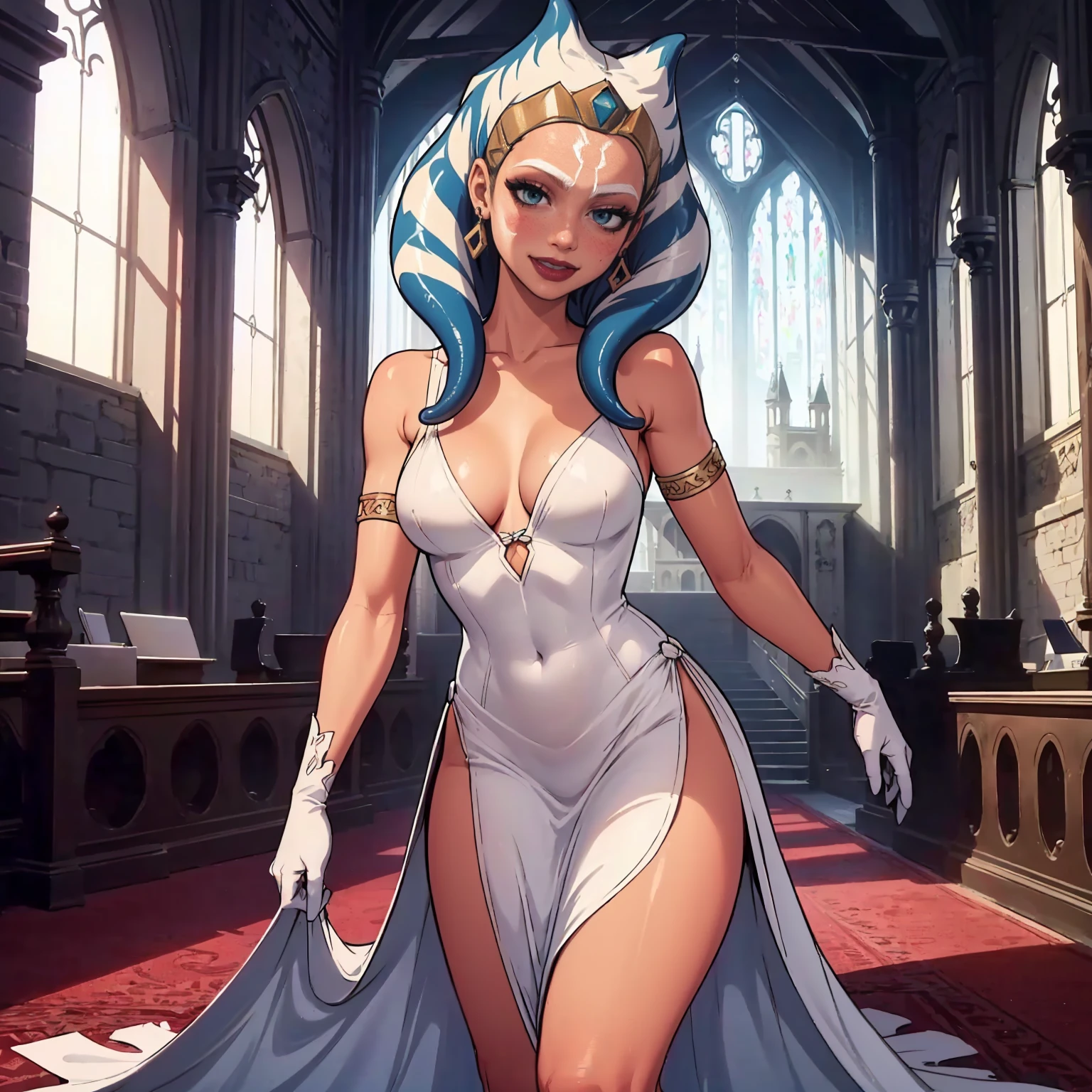 ahsoka tano, ((tentacle hair, glowing blue eyes, lipstick, makeup, narrow waist, skinny, medium breasts, alone, jewelry, earrings)), pelvic curtain, ((white dress, bare shoulders, cleavage, gloves)), full body, perfect body, (insanely detailed, beautiful detailed face, masterpiece, best quality) , (((solo))), (((1girl))), (((mature))), (extremely detailed 8k paper CG wall unit: 1.1), (wedding, castle, church, dusk), (smile face for the viewer), from behind