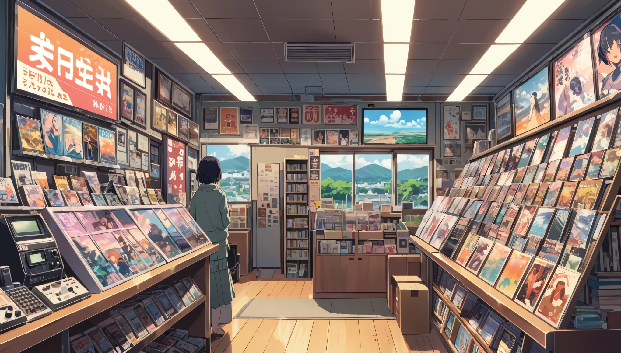 ((Anime: 1.4, Illustration)), (Masterpiece, Top Quality, Best Quality), (Ultra-Detailed, Absolutely Resolution), ((16k, HIGH RES)) (Retro, recode shop), ( Anime: 1.4, Illustration)), (Masterpiece, Top Quality, Best Quality), (Ultra-Detailed, Absolutely Resolution). Ak {Lofi Art, Style of Laurie Greasley, Style of Makoto Shinkai, Anime Aesthetic}, BREAK {(Produces IMAGES WITH ITH INFORMATION THAN 40 Million Pixels with Cinematic-Like Detailed Textures S Hot on a Sony slur).}