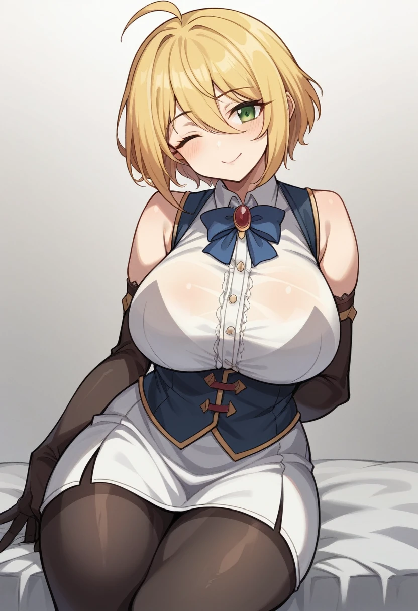 （One girl）、(short hair)、(sidelock)、((Blonde))、Princess Connect、((boyish))、huge breasts、(plump)、(beautiful girl)、[Big thighs]、Green Eyes、(Healer)、Black Vest、black leggings、White sleeveless、[hairs between eyes]、(long gloves)、closed mouth、wink、((see-through))、arm behind back