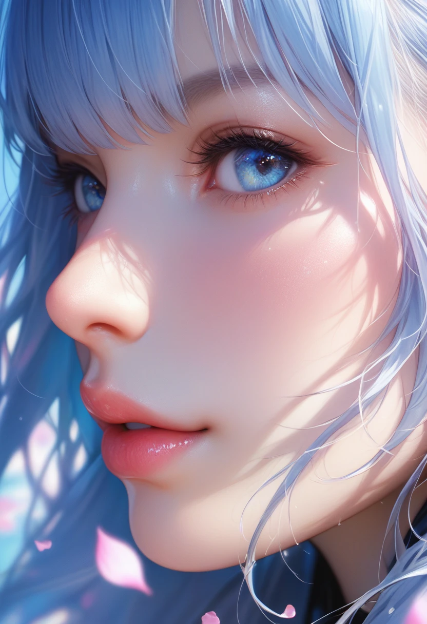 score_9, score_8_up, score_7_up, Girl's profile picture, light blue long hair with bangs, light blue petals on cheeks, realistic skin texture, detailed picture, close-up, HD32k