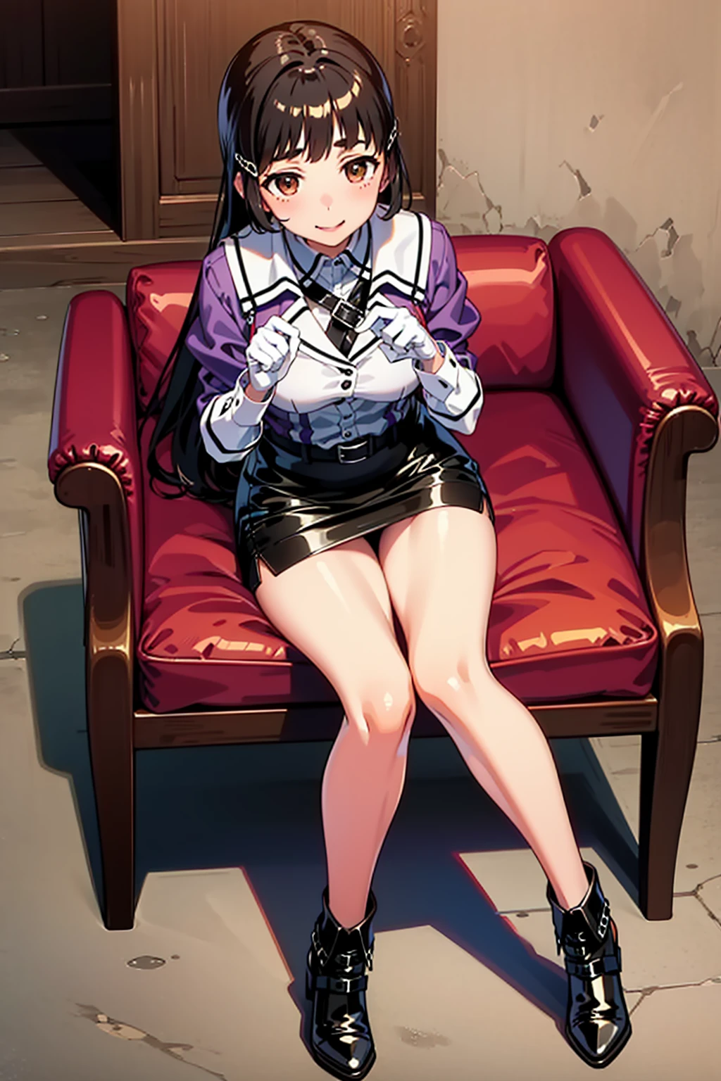 scratch \(Kantai Collection\), Long Hair, Brown Hair, Brown eyes, hair ornaments, clothing : uniform, Purple Jacket, Black tie, White gloves, Black belt, Black Skirt, mini skirt, Pencil Skirt, White Pantyhose, Gray shoes, High heels,
Blake Smile, shy, Blushing your nose, (Heart Hands, Put your own hands together:1)
destroy a masterpiece, Highest quality, High resolution, 8K, Official Art, Very detailedな, Super Resolution, Very detailed and beautiful, Very detailed, Amazing detail, Very detailed美しい女の子, Very detailed顔, Very detailed目, Very detailed肌, Very detailed指, Very detailed鼻, Very knowledgeable mouth, Perfect anatomy break full body shot, Opposition, office, Sit on a chair,  bright, scenery, Very detailed CG unity 16k, Highly detailed 16K CG wallpaper,(Spread your legs),(Panty shot)