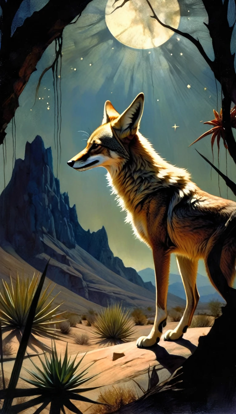 (coyote howling in a dark desert landscape with lots of plants, stars, and mountains) oil painting, dramatic lighting, dramatic contrast, chiaroscuro, mysterious, moody, cinematic, Bill Sienkiewicz inspired, dark atmosphere, powerful composition, dramatic shadows, high quality, photorealistic, masterpiece (best quality,4k,8k,highres,masterpiece:1.2),ultra-detailed,(realistic,photorealistic,photo-realistic:1.37),intricate details,,sharp focus,professional,Dave McKean artwork, oil touch of surrealism,oil painting style,dreamlike atmosphere,shadow play,soft light,dark hues,ethereal background,texture,layered composition.