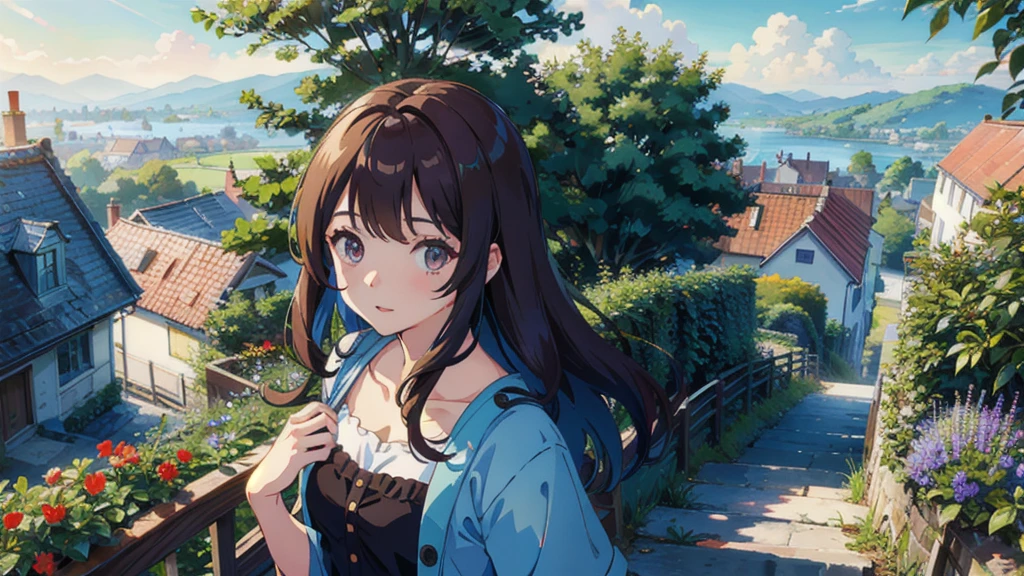 masterpiece,Highest quality,One Girl,The hair color is brown，Kind eyes，Gradient Hair,countryside,Cityscape,sunlight,Flowers and plants,blue sky,scenery,afternoon,Light Perception,Soft sunlight,