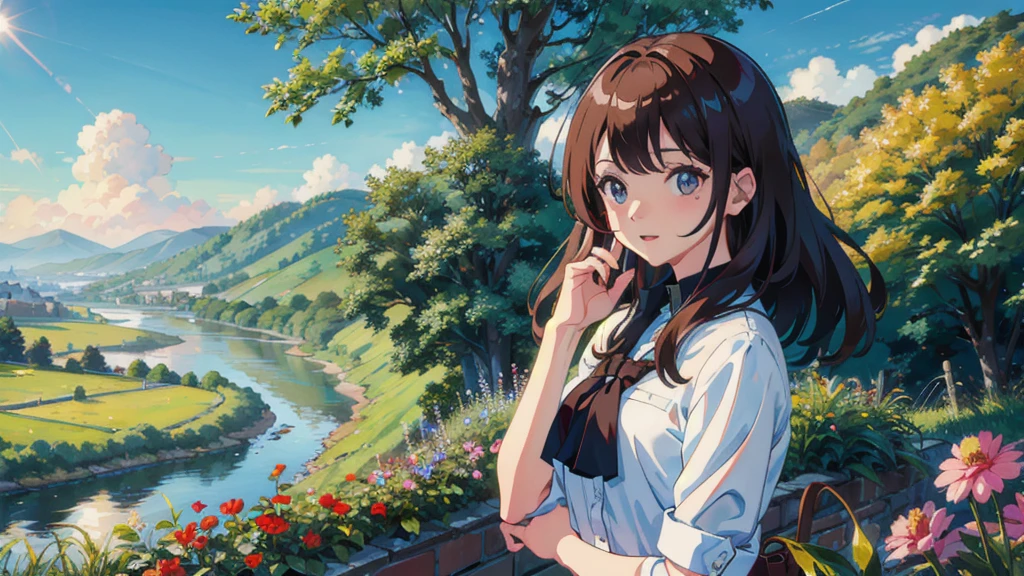 masterpiece,Highest quality,One Girl,The hair color is brown,Kind eyes,Gradient Hair,countryside,Cityscape,sunlight,Flowers and plants,blue sky,scenery,afternoon,Light Perception,Soft sunlight,