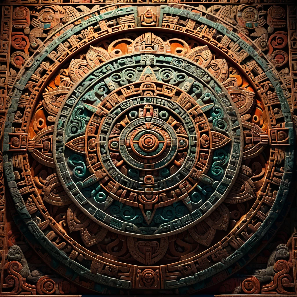 a highly detailed and intricate aztec calendar,extremely detailed carved stone calendar, ancient aztec stone calendar,extremely detailed carved stone sculpture of the aztec calendar,cinematic lighting,dramatic chiaroscuro lighting,vibrant colors,ornate decorations,complex patterns,beautiful textures,photorealistic,8k,masterpiece