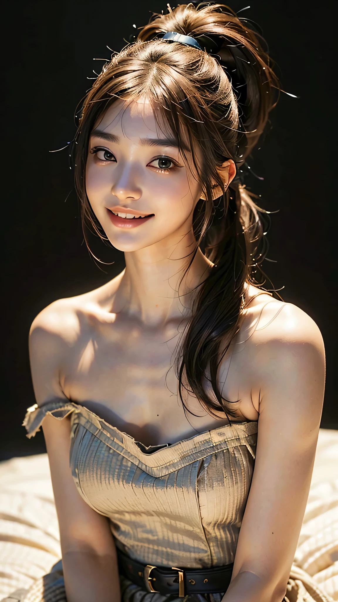 highest quality, masterpiece, ultra high resolution, (realistic:1.4), (portrait facing each other) Raw photo, 1 girl, 20-year-old,((K-pop idol costumes)),((ponytail hair)),((Bangs, short hair, above eyebrows)),((looking up at the viewer)),realistic,((Simple solid color background)), picture media chest)),((toothy smile)),