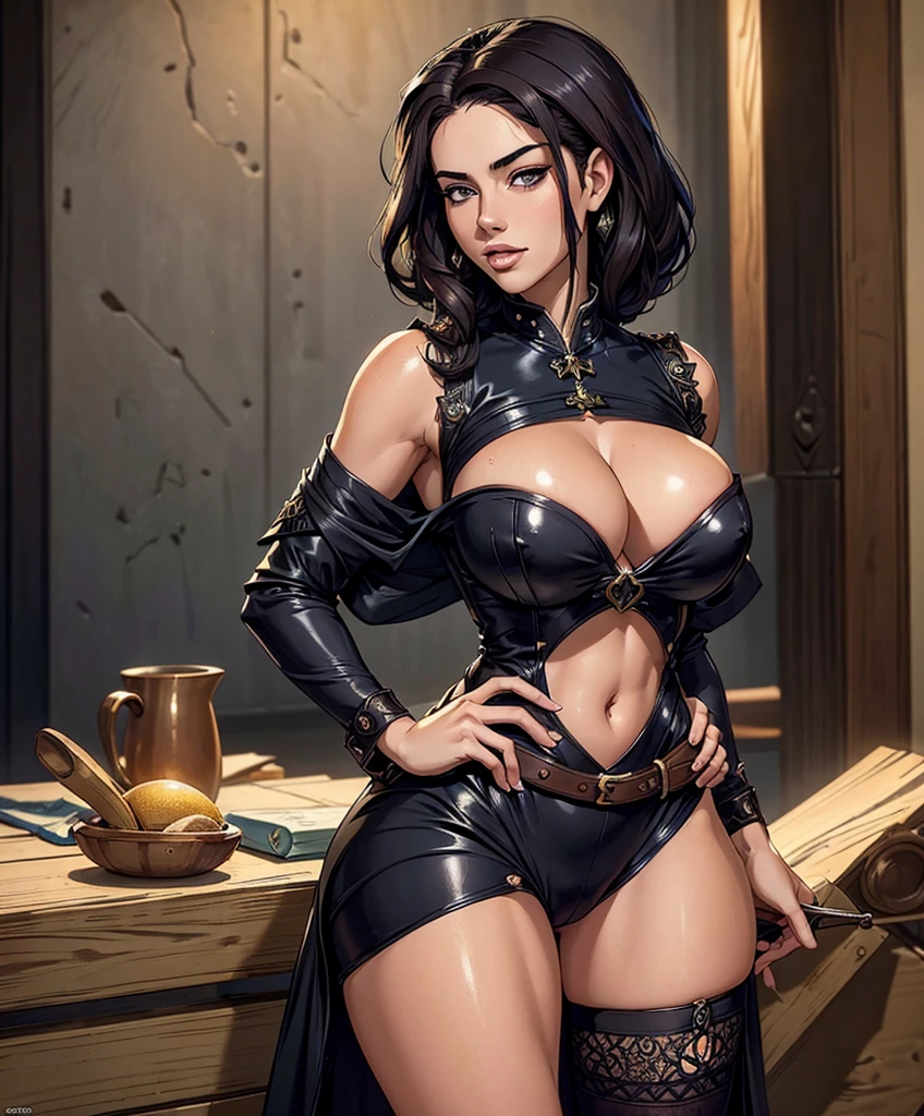 (((Luxurious shoulder length dark hair and sexy smirk.))) (((18 years old.))) (((18yo.))) (((Cute smirk.))) (((Single character image.))) (((1girl))) Generate a character for a fantasy setting.  This is a female character who looks like a medieval fantasy setting character.  She looks like an ad adventurer for a fantasy setting plagued by pirates.  She looks like an NPC ally.  She looks like a tough and capable character. Background is dark and eerie.  She looks like a glamour model as a fantasy adventurer. She is sexy and confident.  best quality:1.0,hyperealistic:1.0,photorealistic:1.0,madly detailed CG unity 8k wallpaper:1.0,masterpiece:1.3,madly detailed photo:1.2, hyper-realistic lifelike texture:1.4, picture-perfect:1.0,8k, HQ,best quality:1.0, best quality:1.0,hyperealistic:1.0,photorealistic:1.0,madly detailed CG unity 8k wallpaper:1.0,masterpiece:1.3,madly detailed photo:1.2, hyper-realistic lifelike texture:1.4, picture-perfect:1.0,8k, HQ,best quality:1.0, 