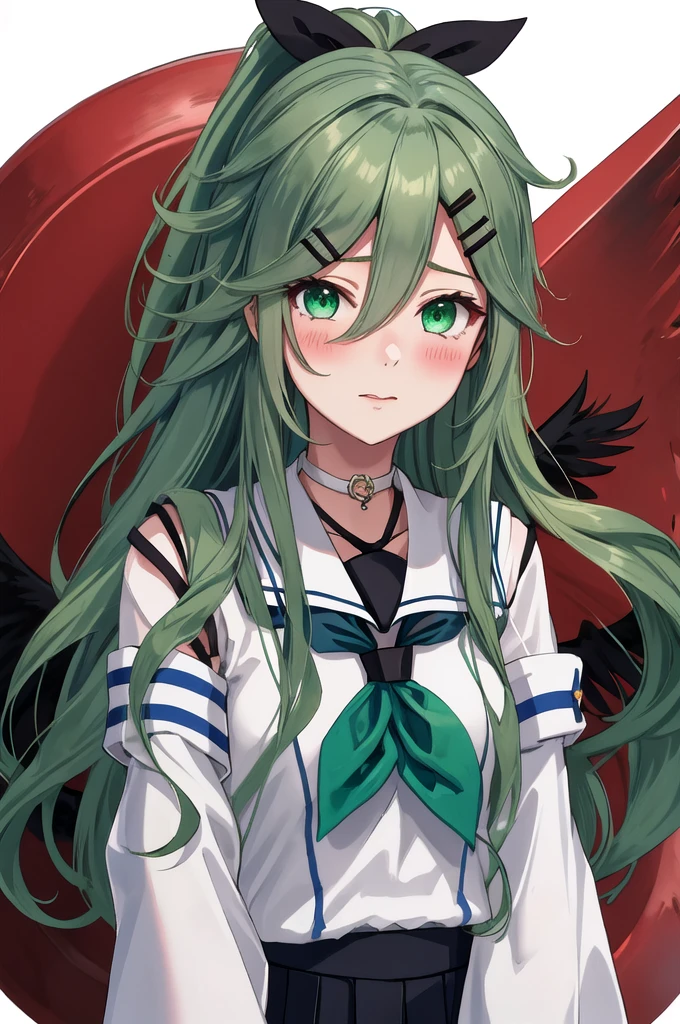 Highest quality, masterpiece, High resolution, 一人in, {once again_Kantai Collection:1.15}, green_hair, hair_between_eye, length_hair, hair_ornament, hairclip, ribbon, hair_ribbon, ponytail, black_ribbon, blush, Seraphim, green_eye, green_eye, 1 Girl, School_uniform, Simple_background, upper_body, white_background, Separated_sleeve, looking for_in_Audience, neckerchief, green_neckerchief, black_Seraphim, choker, 前hair, Side Lock