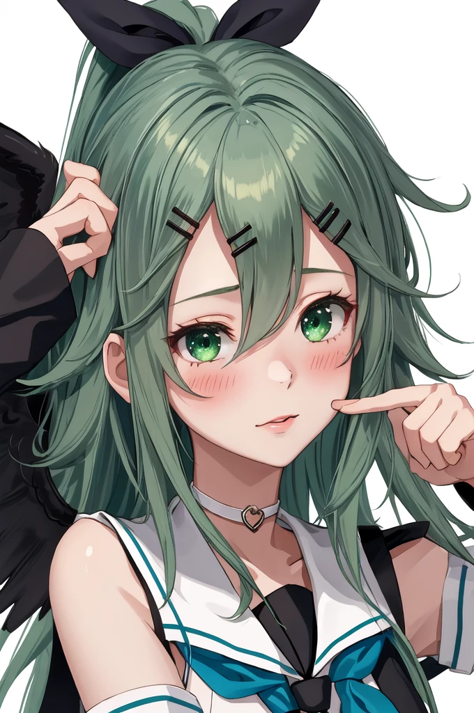 Highest quality, masterpiece, High resolution, 一人in, {once again_Kantai Collection:1.15}, green_hair, hair_between_eye, length_hair, hair_ornament, hairclip, ribbon, hair_ribbon, ponytail, black_ribbon, blush, Seraphim, green_eye, green_eye, 1 Girl, School_uniform, Simple_background, upper_body, white_background, Separated_sleeve, looking for_in_Audience, neckerchief, green_neckerchief, black_Seraphim, choker, 前hair, Side Lock