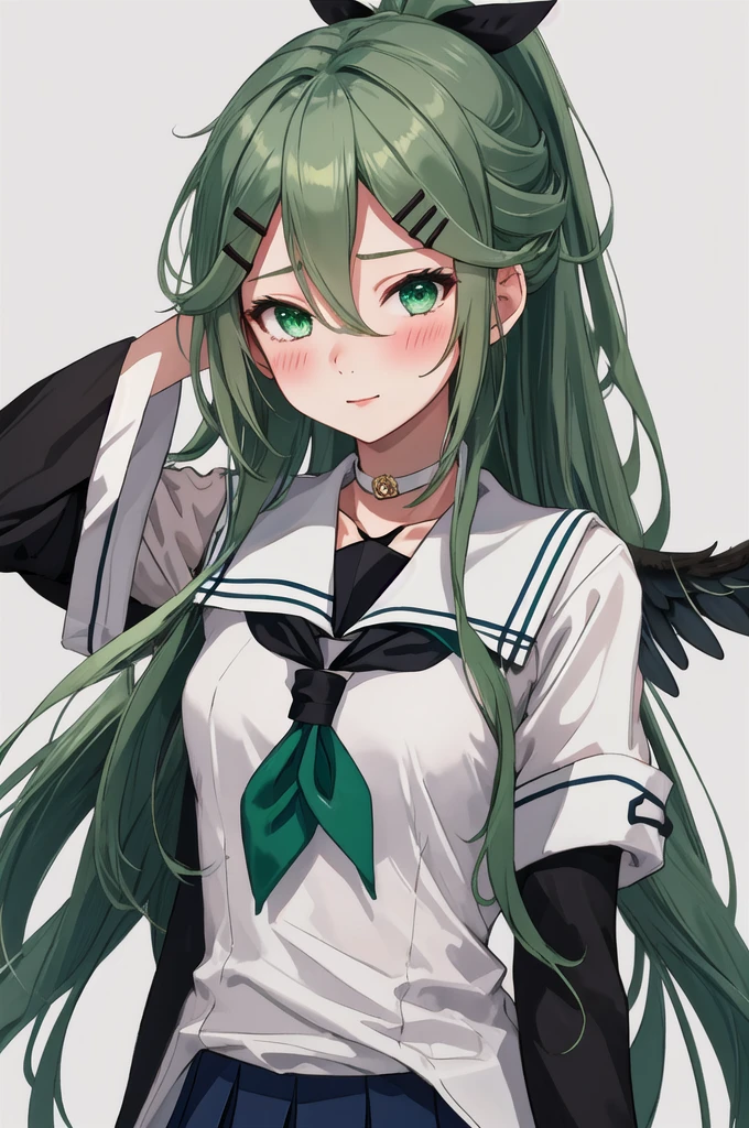 Highest quality, masterpiece, High resolution, 一人in, {once again_Kantai Collection:1.15}, green_hair, hair_between_eye, length_hair, hair_ornament, hairclip, ribbon, hair_ribbon, ponytail, black_ribbon, blush, Seraphim, green_eye, green_eye, 1 Girl, School_uniform, Simple_background, upper_body, white_background, Separated_sleeve, looking for_in_Audience, neckerchief, green_neckerchief, black_Seraphim, choker, 前hair, Side Lock