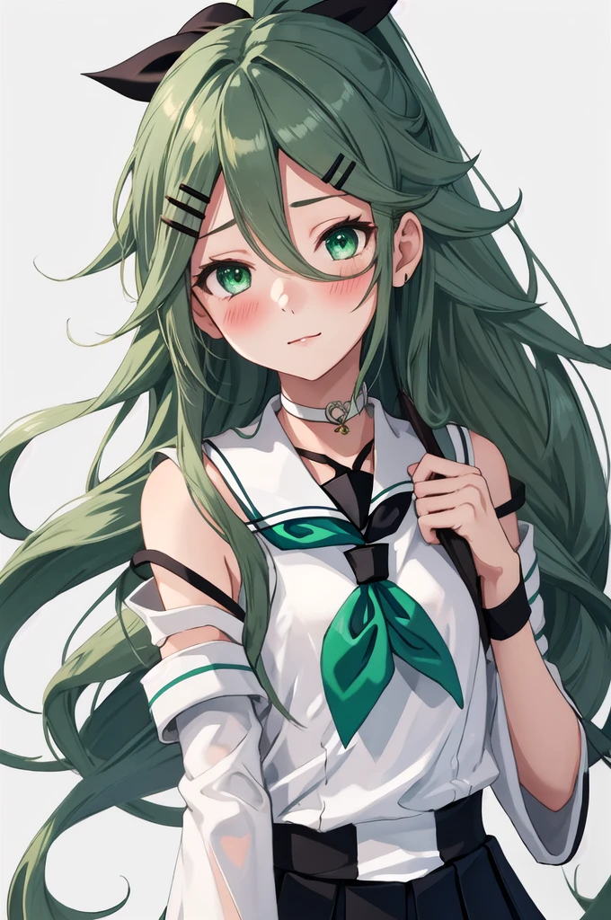 Highest quality, masterpiece, High resolution, 一人in, {once again_Kantai Collection:1.15}, green_hair, hair_between_eye, length_hair, hair_ornament, hairclip, ribbon, hair_ribbon, ponytail, black_ribbon, blush, Seraphim, green_eye, green_eye, 1 Girl, School_uniform, Simple_background, upper_body, white_background, Separated_sleeve, looking for_in_Audience, neckerchief, green_neckerchief, black_Seraphim, choker, 前hair, Side Lock