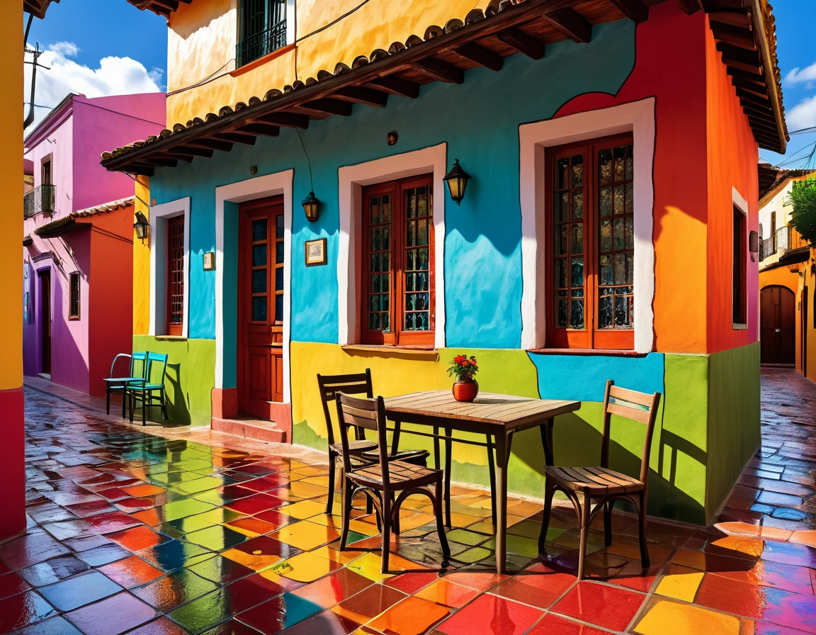 photography of a small rustic house with a table and chairs in front of it, colorful house, colorful tiled architecture, cracks and infiltration stains on the walls, worn paint, puddles of water on the sidewalk, tlaquepaque, by Hundertwasser, 2 4 mm iso 8 0 0 color, by Miroslava Sviridova, beautifully painted, colorful architecture, colorful building, quaint, colorful caparisons, beautiful colorful tilework, realistic 4k ultra detailed, deep focus, vibrant colors,high saturation,high contrast,very high resolution,HDR,8k, masterpiece, best quality