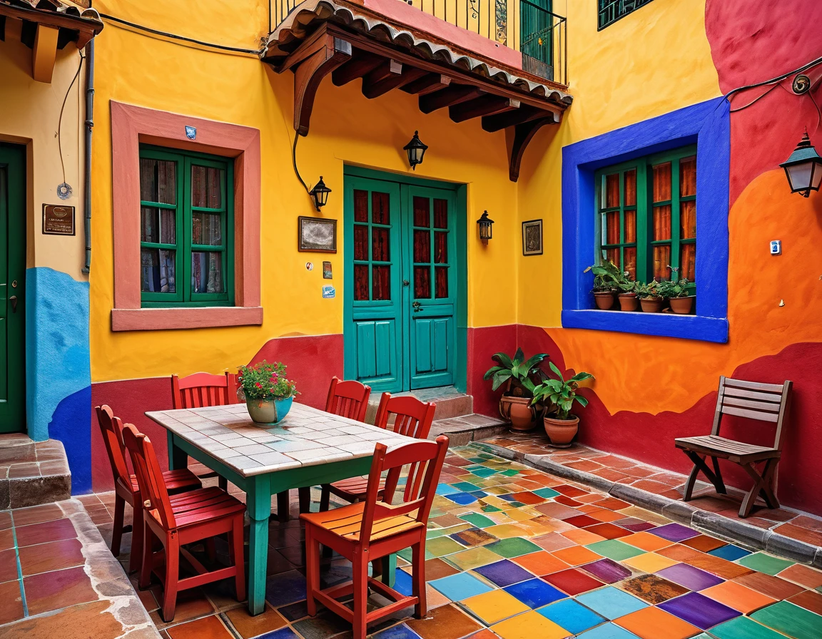 photography of a small rustic house with a table and chairs in front of it, colorful house, colorful tiled architecture, cracks and infiltration stains on the walls, worn paint, puddles of water on the sidewalk, tlaquepaque, by Hundertwasser, 2 4 mm iso 8 0 0 color, by Miroslava Sviridova, beautifully painted, colorful architecture, colorful building, quaint, colorful caparisons, beautiful colorful tilework, realistic 4k ultra detailed, deep focus, vibrant colors,high saturation,high contrast,very high resolution,HDR,8k, masterpiece, best quality