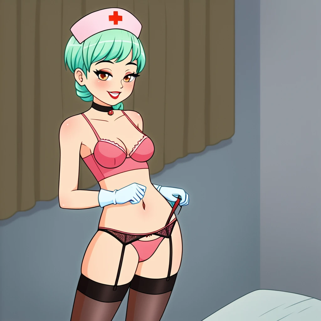 In a dimly lit hospital room, a sultry young female nurse stands out against the somber backdrop. Dressed in lacy lingerie, thigh-high stockings, and a nurse's cap, she exudes seductive mystery. Soft, warm glow illuminates her low-cut pink top showcasing ample cleavage, while white gloves add sophistication. Her gaze invites the viewer to step into her world. Ornate medical equipment and eerie shadows hint at gothic horror elements in the background. The nurse's cap and white gloves nod to darker undertones, balancing provocative themes with elegance.