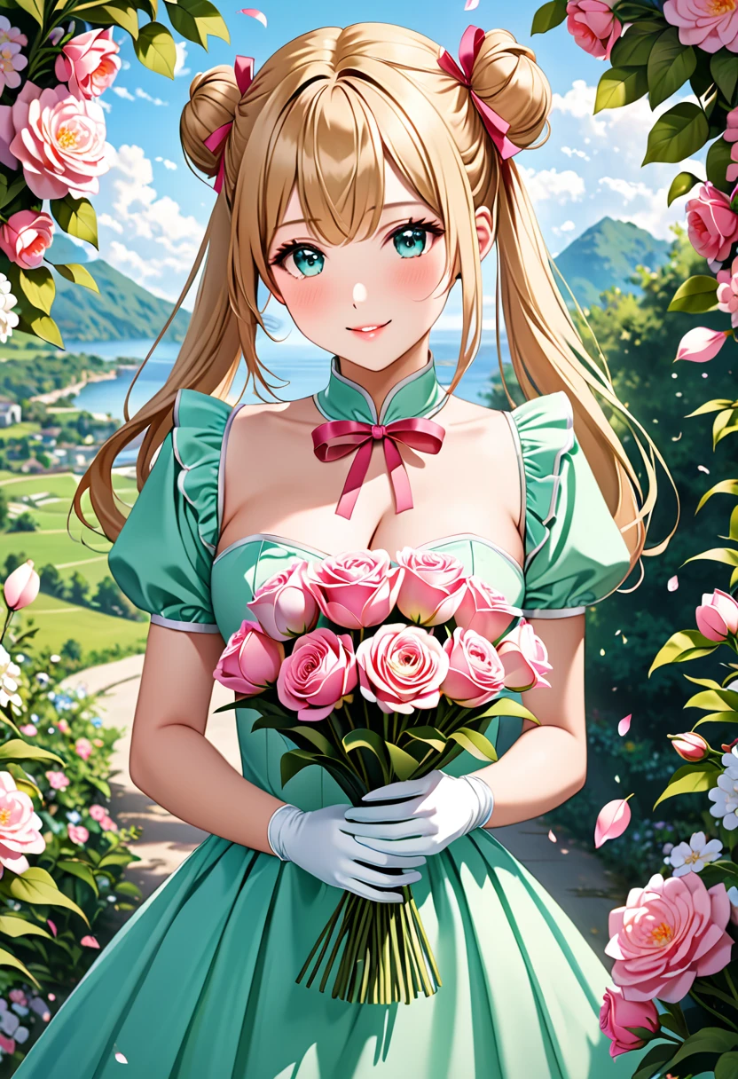 20 years old,1 girl,hyperrealistic, 8k, (extremely detailed 8k), (very delicate and beautiful), (masterpiece), (better quality:1.0), (ultra high resolution:1.0), (masterpiece, best quality), cute,blonde,cleavage cutout,(broen dress:1.3),(crop top navel:1),gleaming skin,twintails,twin bun,a pink ribbon on the head,long hair,pastel green frill Chinese-made dress,white long gloves,delighted,hold a bouquet of flowers,from the front,a bunch of flowers,POV,bust shot,white frill,puffy sleeves,surrounded by flowers,cry for joy