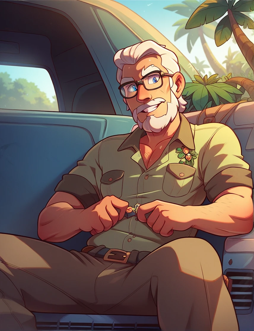 score_9, score_8_up, score_7_up, 1man, old man, quite handsome, 50 years old, light skin and taupe hair, blue eyes and Van Dyke beard. He wears glasses, jungle, safari {{artwork}}