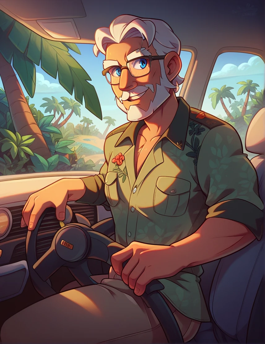 score_9, score_8_up, score_7_up, 1man, old man, quite handsome, 50 years old, light skin and taupe hair, blue eyes and Van Dyke beard. He wears glasses, jungle, safari {{artwork}}