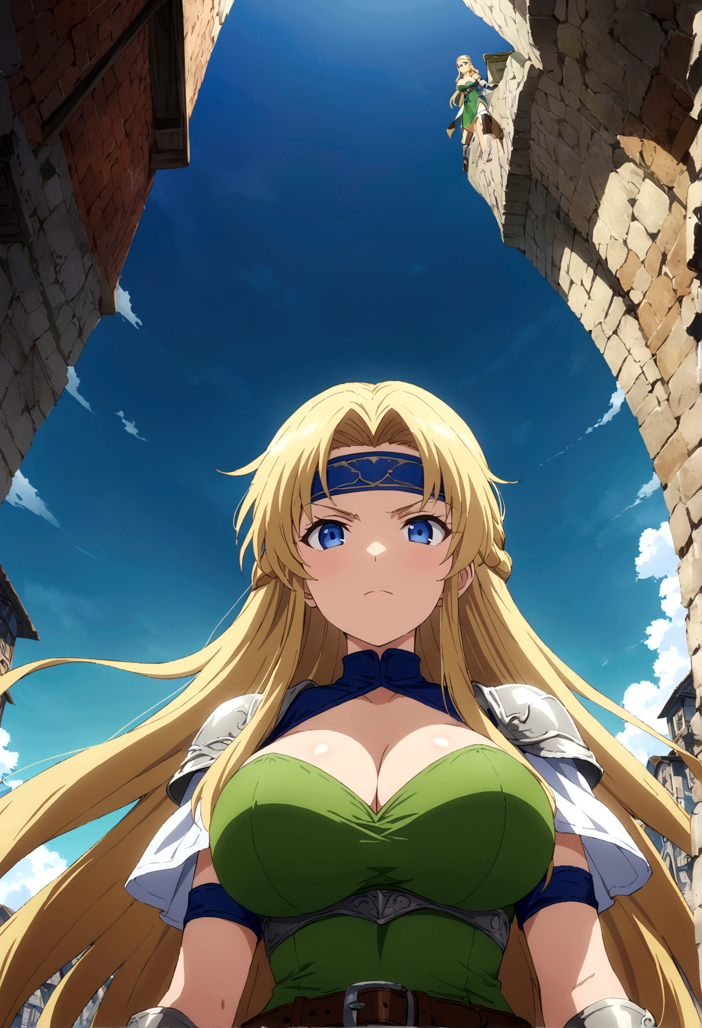 score_9, score_8_up, score_7_up,,BREAK source_anime, from below,below view,standing,straight-on,medium shot,looking_at_viewer,1girl, celes chere, final fantasy.blonde hair, blue eyes, green leotard, headband, large breasts,cleavage, pauldrons, circlet, bridal gauntlets, belt, white cape, vambraces,bracer, very long hair, bangs, closed mouth,cross arms in front.tundere, (best quality),(aesthetic,very aesthetic),masterpiece, highres, (anime screenshot:0.5),