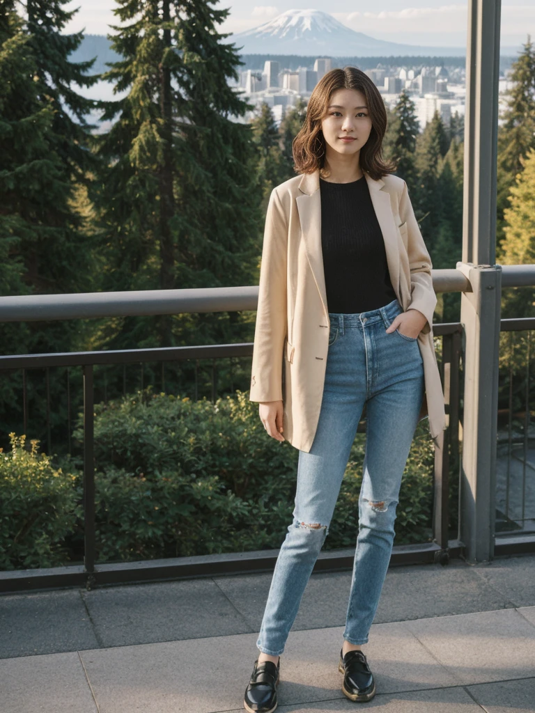 her name is Asako, high quality, 1girl, ((20-year-old fit Caucasian woman)), ((20 years old)), ((slim)), ((Wavy Bob)), pose: standing, wearing stylish fashionable Generation-Z modern wear different colored, BACKGROUND: At Kerry Park, with panoramic views of the Space Needle, downtown skyline, and Mount Rainier in the distance.