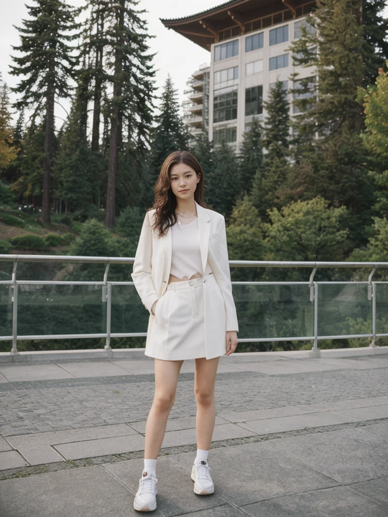 her name is Asako, high quality, 1girl, ((20-year-old fit Caucasian woman)), ((20 years old)), ((slim)), ((Wavy Bob)), pose: standing, wearing stylish fashionable Generation-Z modern wear different colored, BACKGROUND: At Kerry Park, with panoramic views of the Space Needle, downtown skyline, and Mount Rainier in the distance.