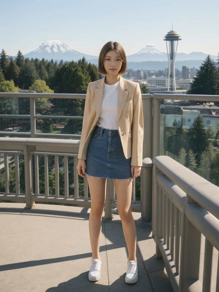 her name is Asako, high quality, 1girl, ((20-year-old fit Caucasian woman)), ((20 years old)), ((slim)), ((Wavy Bob)), pose: standing, wearing stylish fashionable Generation-Z modern wear different colored, BACKGROUND: At Kerry Park, with panoramic views of the Space Needle, downtown skyline, and Mount Rainier in the distance.